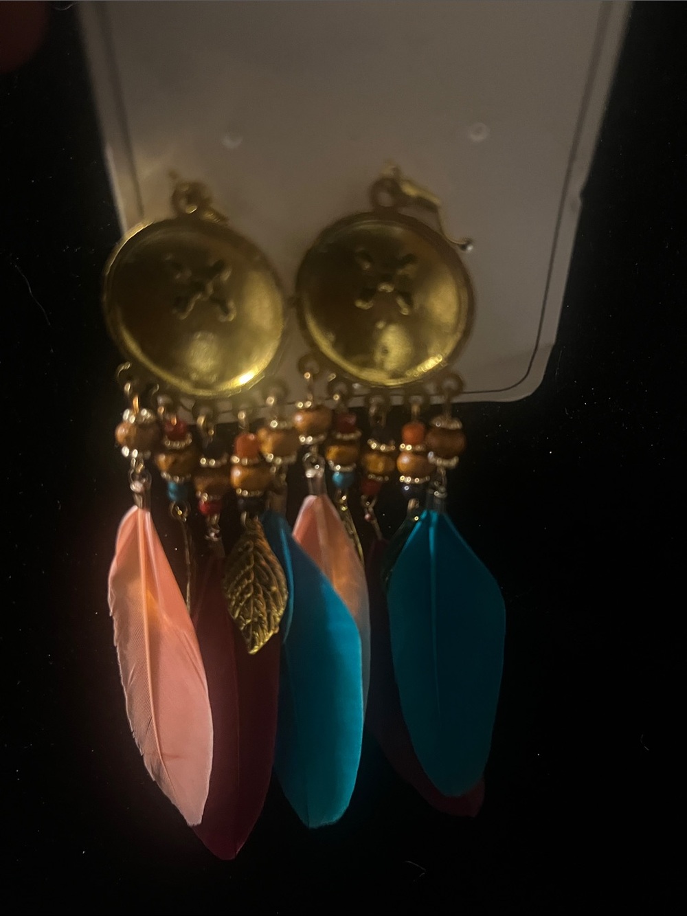 Gold-Tone Boho Feather Drop Earrings with Teal, Pink and Burgundy Feathers - Picture 2 of 3